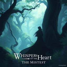 Create an image inspired by 'Whispers of the Heart: The Mistress', featuring a serene and enchanting scene with a mysterious female figure in a lush, magical forest