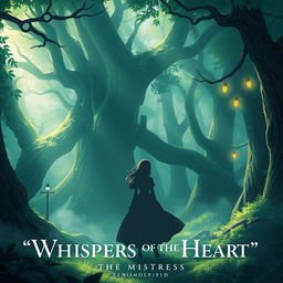 Create an image inspired by 'Whispers of the Heart: The Mistress', featuring a serene and enchanting scene with a mysterious female figure in a lush, magical forest