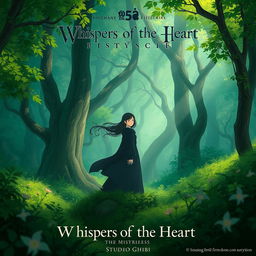 Create an image inspired by 'Whispers of the Heart: The Mistress', featuring a serene and enchanting scene with a mysterious female figure in a lush, magical forest