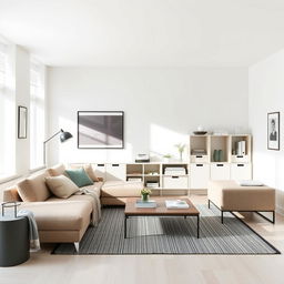 A minimalist and modern room designed in the style of IKEA, featuring sleek furniture, clean lines, and a bright, airy atmosphere