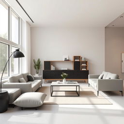 A minimalist and modern room designed in the style of IKEA, featuring sleek furniture, clean lines, and a bright, airy atmosphere