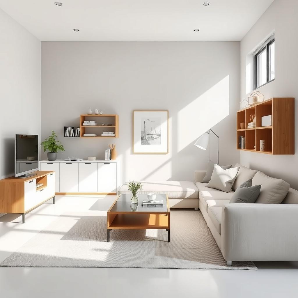 A minimalist and modern room designed in the style of IKEA, featuring sleek furniture, clean lines, and a bright, airy atmosphere