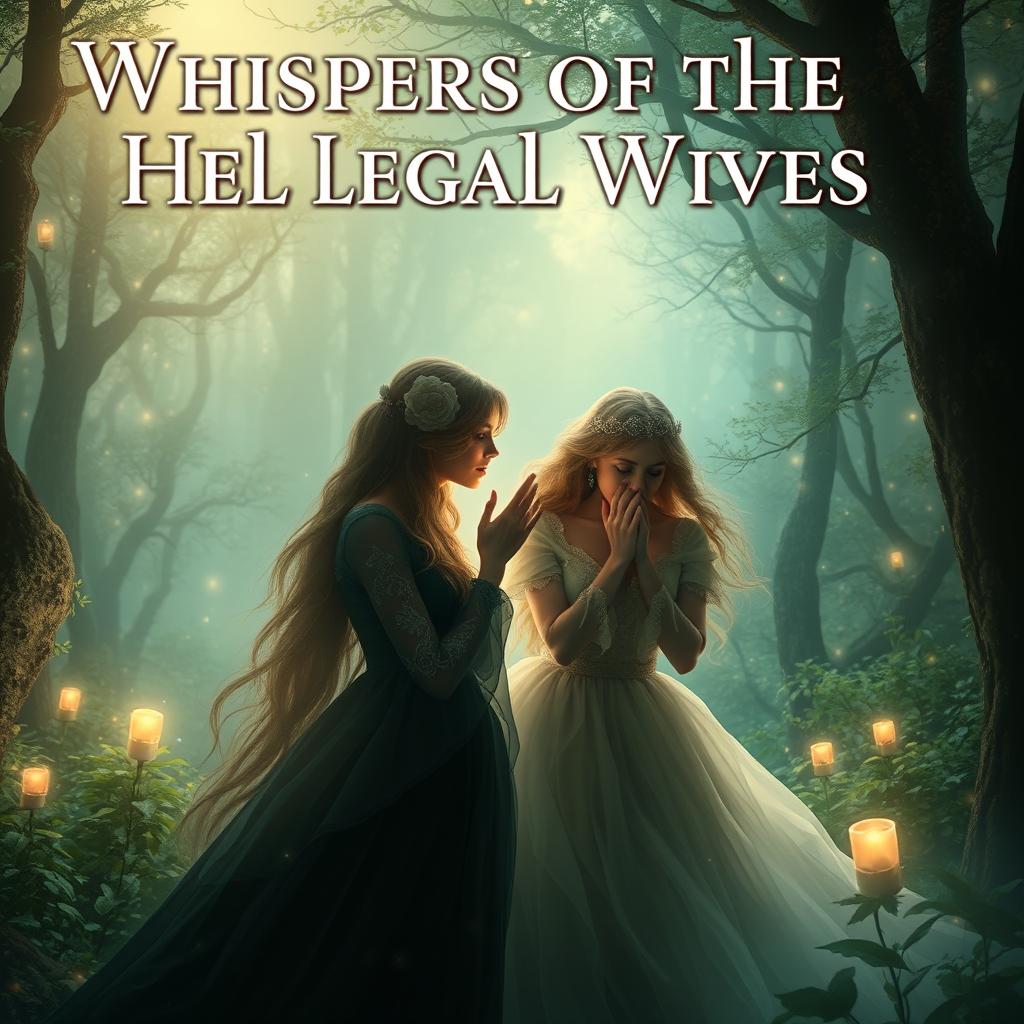 Create an image titled 'Whispers of the He Legal Wives' featuring a serene and mystical scene with ethereal characters whispering secrets