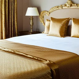 A luxurious, king-sized bed with rich satin sheets, plush pillows, an ornate headboard and gold accents.