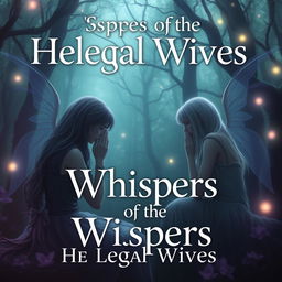 Create an image titled 'Whispers of the He Legal Wives' featuring a serene and mystical scene with ethereal characters whispering secrets