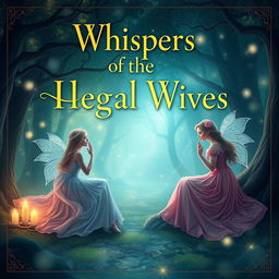 Create an image titled 'Whispers of the He Legal Wives' featuring a serene and mystical scene with ethereal characters whispering secrets