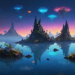 A fantasy skyline with floating islands and colorful bioluminescent flora basking in the twilight glow