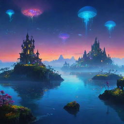 A fantasy skyline with floating islands and colorful bioluminescent flora basking in the twilight glow