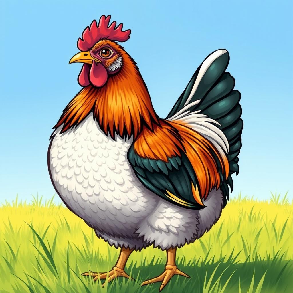 A detailed and realistic illustration of a chicken standing in a grassy field under a bright blue sky