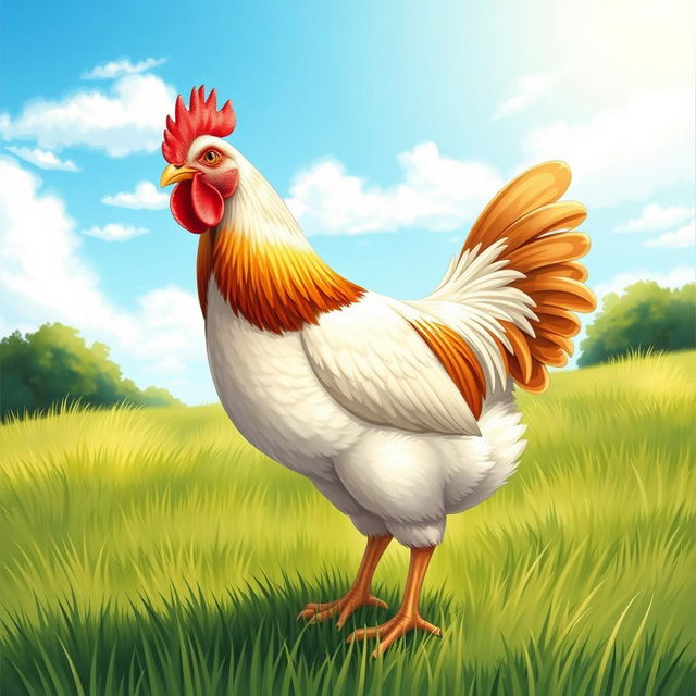 A detailed and realistic illustration of a chicken standing in a grassy field under a bright blue sky