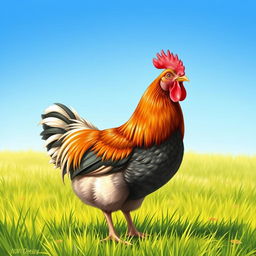 A detailed and realistic illustration of a chicken standing in a grassy field under a bright blue sky