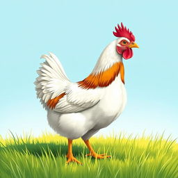 A detailed and realistic illustration of a chicken standing in a grassy field under a bright blue sky