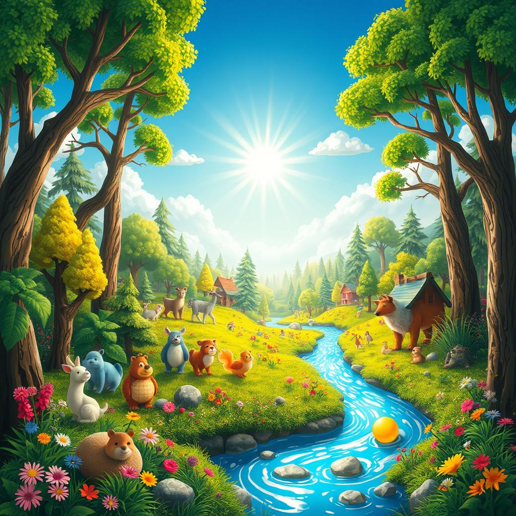 Create a vibrant and imaginative scene featuring a lush forest with various animals, colorful flowers, and a serene river flowing through it