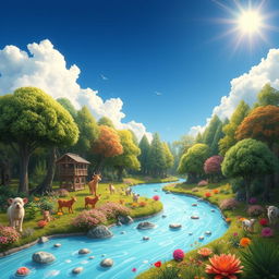 Create a vibrant and imaginative scene featuring a lush forest with various animals, colorful flowers, and a serene river flowing through it