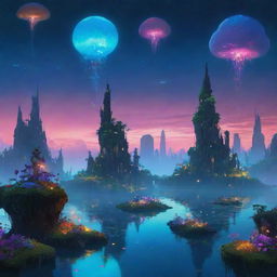 A fantasy skyline with floating islands and colorful bioluminescent flora basking in the twilight glow