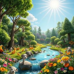 Create a vibrant and imaginative scene featuring a lush forest with various animals, colorful flowers, and a serene river flowing through it