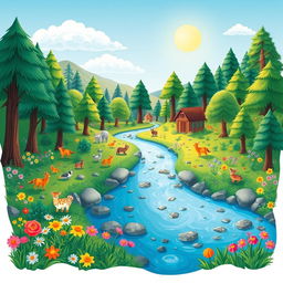 Create a vibrant and imaginative scene featuring a lush forest with various animals, colorful flowers, and a serene river flowing through it