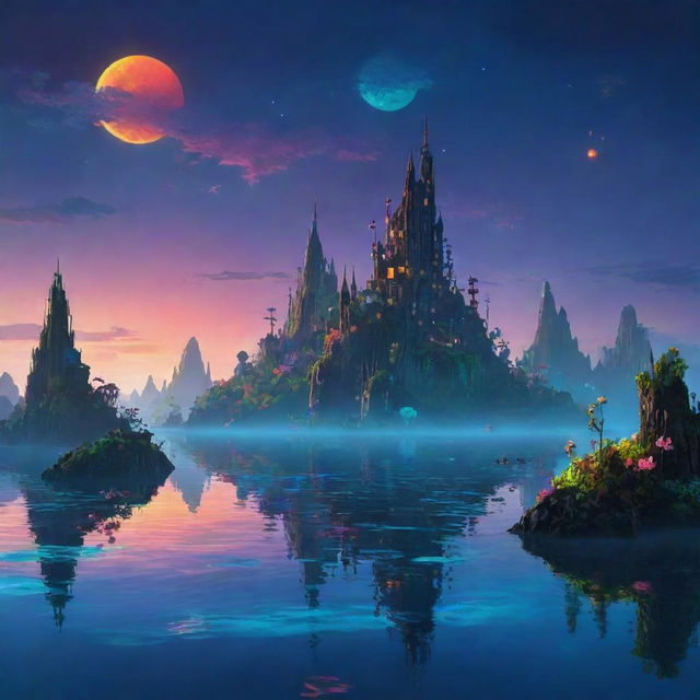 A fantasy skyline with floating islands and colorful bioluminescent flora basking in the twilight glow