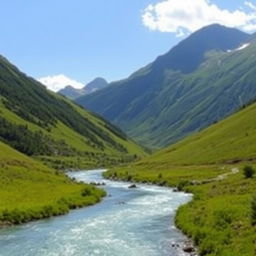 A serene landscape featuring a mountain range with lush green valleys, a clear blue sky, and a sparkling river flowing through