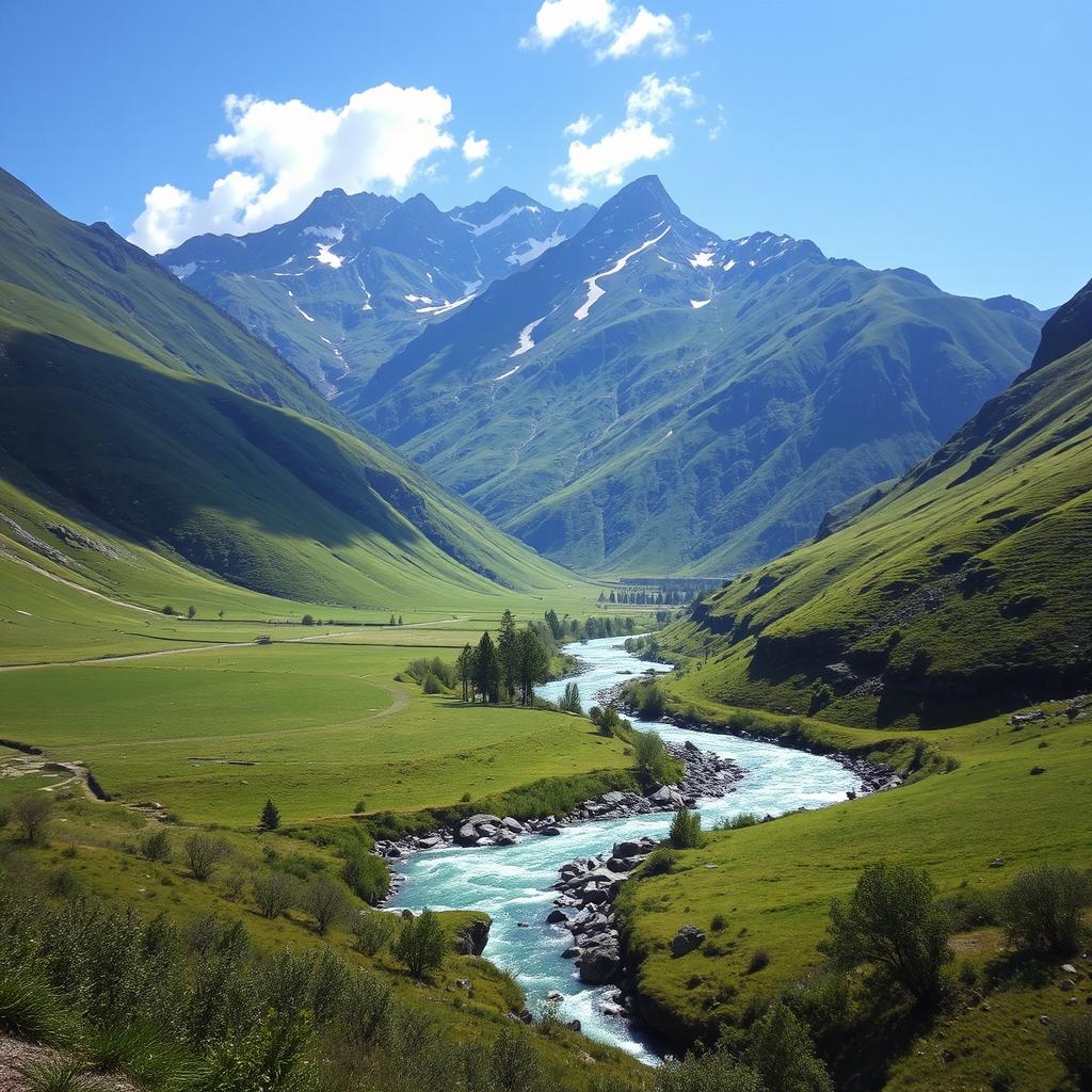 A serene landscape featuring a mountain range with lush green valleys, a clear blue sky, and a sparkling river flowing through