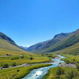 A serene landscape featuring a mountain range with lush green valleys, a clear blue sky, and a sparkling river flowing through