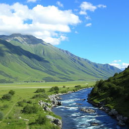 A serene landscape featuring a mountain range with lush green valleys, a clear blue sky, and a sparkling river flowing through