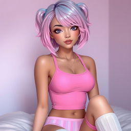 A beautiful Latino femboy with light pink and light blue hair, light purple eyes, wearing a tank top with the transgender colors, tiny striped girly panties, and long white knee-high socks with the transgender colors on the upper part of the socks