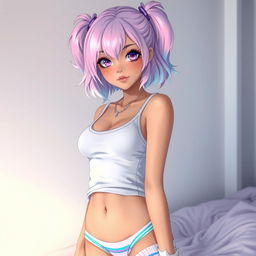 A beautiful Latino femboy with light pink and light blue hair, light purple eyes, wearing a tank top with the transgender colors, tiny striped girly panties, and long white knee-high socks with the transgender colors on the upper part of the socks