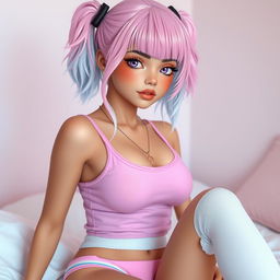 A beautiful Latino femboy with light pink and light blue hair, light purple eyes, wearing a tank top with the transgender colors, tiny striped girly panties, and long white knee-high socks with the transgender colors on the upper part of the socks