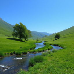 Create an image of a peaceful and serene landscape with a clear blue sky, lush green meadows, and a calm river flowing through it