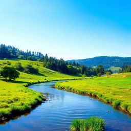 Create an image of a peaceful and serene landscape with a clear blue sky, lush green meadows, and a calm river flowing through it