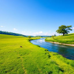 Create an image of a peaceful and serene landscape with a clear blue sky, lush green meadows, and a calm river flowing through it