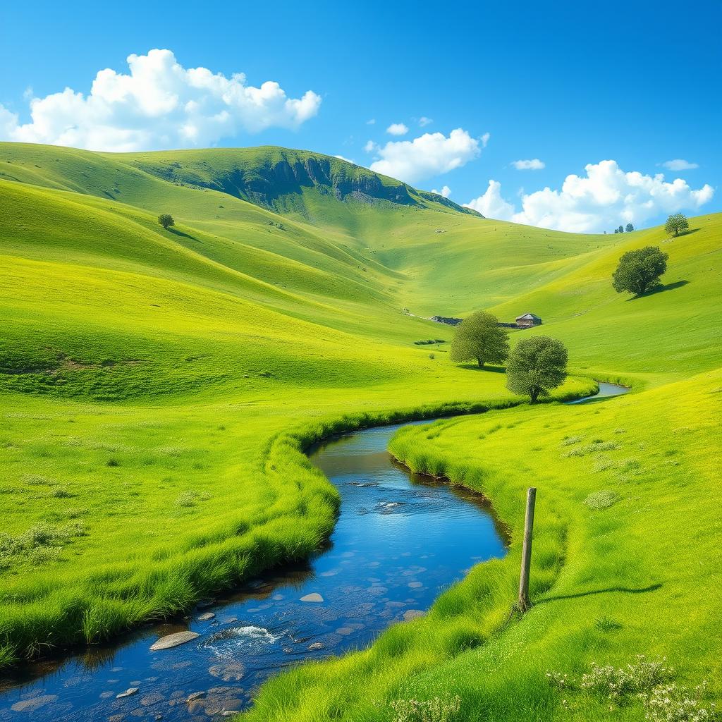 Create an image of a peaceful and serene landscape with a clear blue sky, lush green meadows, and a calm river flowing through it