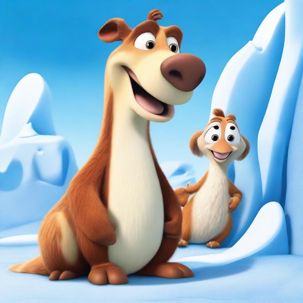 A promotional poster for Ice Age 6: Huba on Ice, featuring Scrat, Sid, and a new character named Blocky