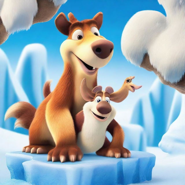 A promotional poster for Ice Age 6: Huba on Ice, featuring Scrat, Sid, and a new character named Blocky