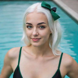 Boudoir photo of a girl 25 years, average build, with white hair in black swimsuit swimming. Proportional long square facial features, dimples in the cheeks, bow lips, large black eyebrows, smooth green medium eyes, swarthy skin.