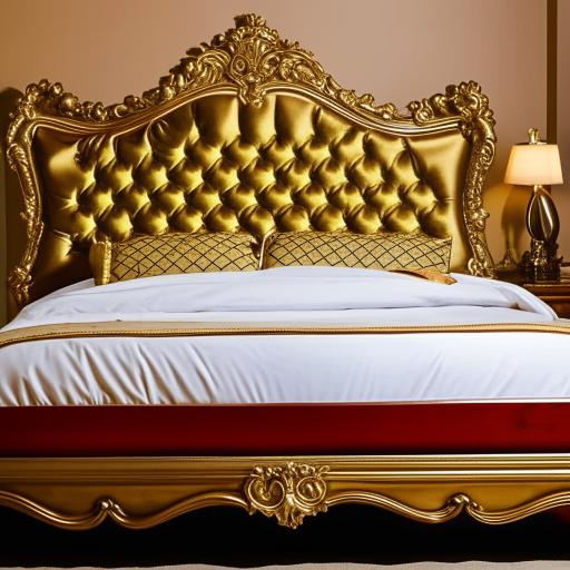 A luxurious, king-sized bed with rich satin sheets, plush pillows, an ornate headboard and gold accents.