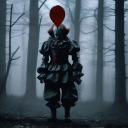 A dark and terrifying scene featuring Pennywise the Clown in a haunting, eerie setting