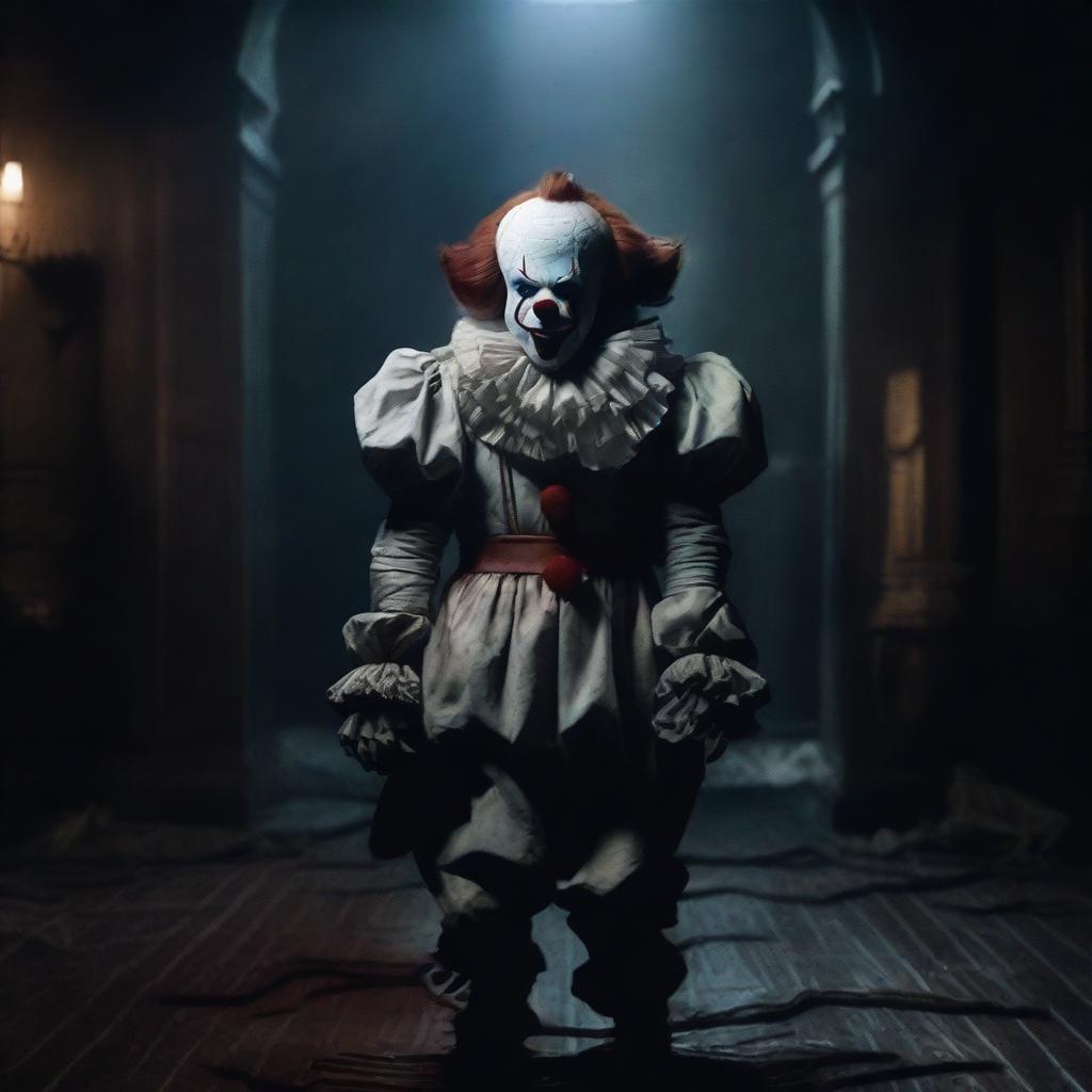 A dark and terrifying scene featuring Pennywise the Clown in a haunting, eerie setting