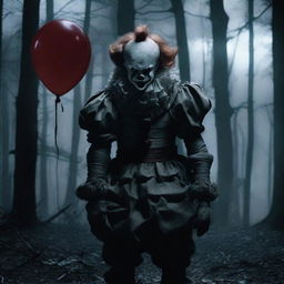 A dark and terrifying scene featuring Pennywise the Clown in a haunting, eerie setting