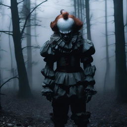 A dark and terrifying scene featuring Pennywise the Clown in a haunting, eerie setting