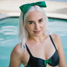 Boudoir photo of a girl 25 years, average build, with white hair in black swimsuit swimming. Proportional long square facial features, dimples in the cheeks, bow lips, large black eyebrows, smooth green medium eyes, swarthy skin.