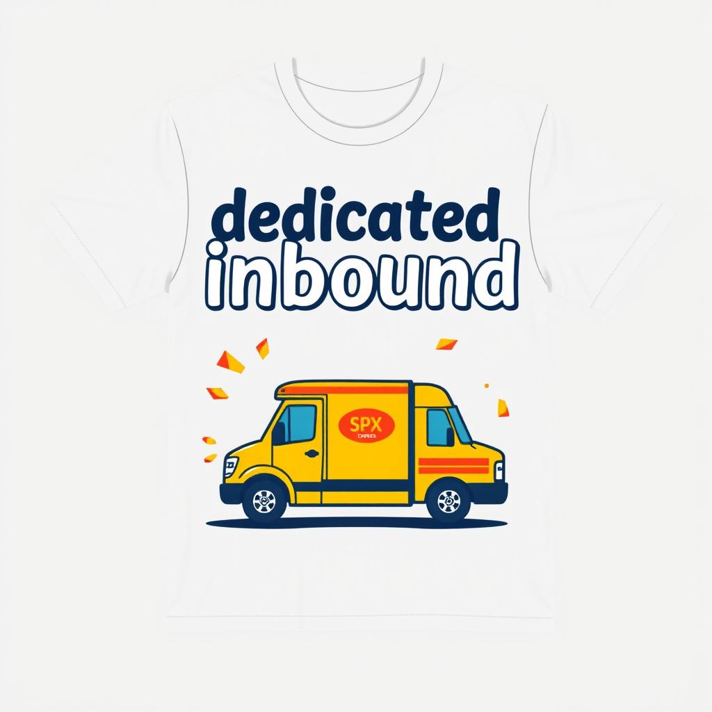 A t-shirt design featuring the words 'dedicated inbound' with a caricature theme of SPX Express