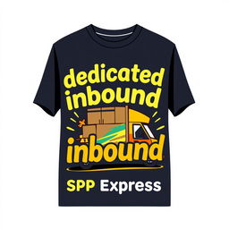 A t-shirt design featuring the words 'dedicated inbound' with a caricature theme of SPX Express