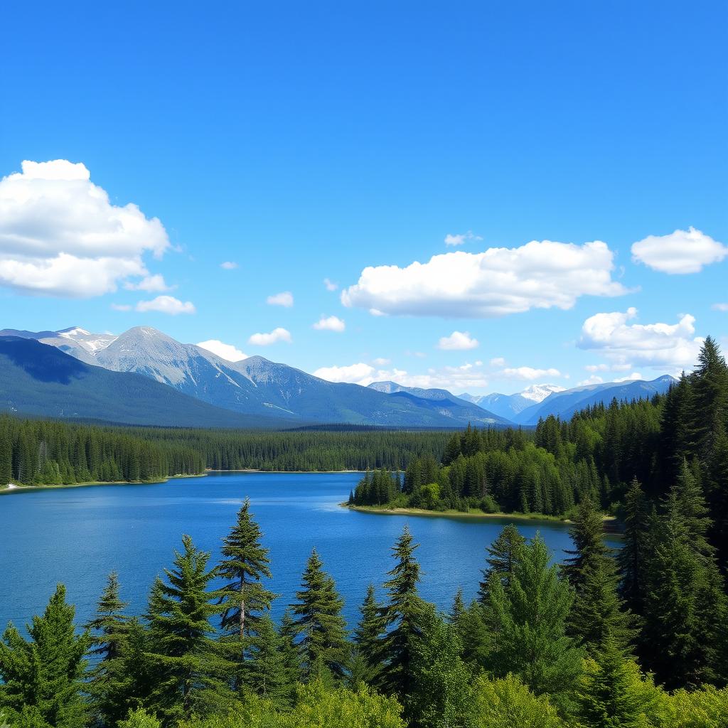 A beautiful landscape featuring a serene lake surrounded by lush green trees and majestic mountains in the background under a clear blue sky with a few fluffy clouds