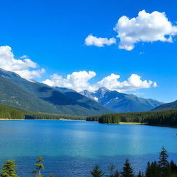 A beautiful landscape featuring a serene lake surrounded by lush green trees and majestic mountains in the background under a clear blue sky with a few fluffy clouds