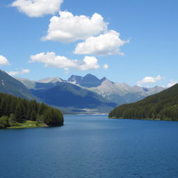 A beautiful landscape featuring a serene lake surrounded by lush green trees and majestic mountains in the background under a clear blue sky with a few fluffy clouds