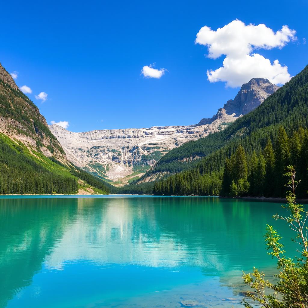 A beautiful landscape featuring a serene lake surrounded by lush green trees and majestic mountains in the background under a clear blue sky with a few fluffy clouds