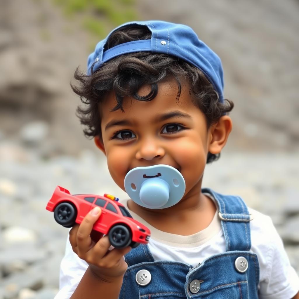 A playful young boy with curly short black hair, brown eyes, wearing a blue overall, white shirt, and a light blue pacifier