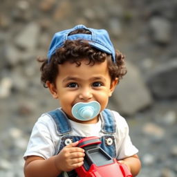 A playful young boy with curly short black hair, brown eyes, wearing a blue overall, white shirt, and a light blue pacifier